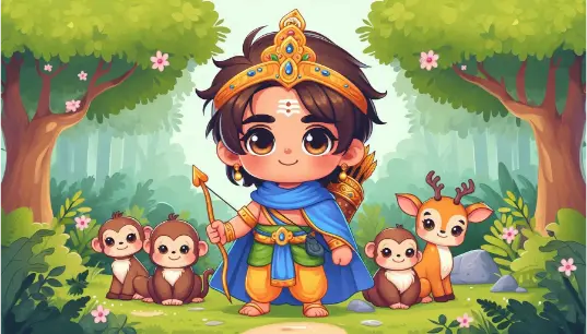 Cartoon-Effect-Shree-Ram-With-Monkey-And-Deer-Jungle-Background-1