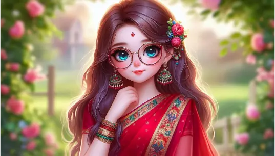 Cute-Cartoon-Effect-Girl-in-Red-Saree-With-Flower-Background-1