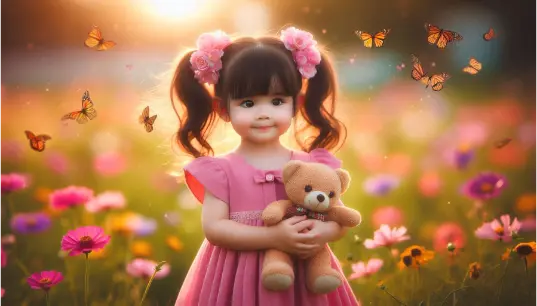 Cute-Girl-With-Teddy-Bear-Realistic-With-Flower-Background