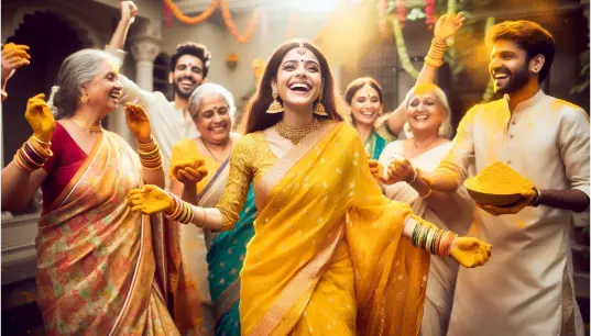 Cute-Girl-Yellow-Saree-in-Haldi-Program-Smiling-With-Family