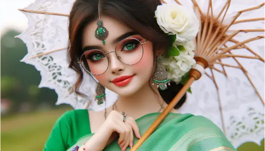 Green-Saree-Indian-Girl-With-Umberalla-Garden-Background-1