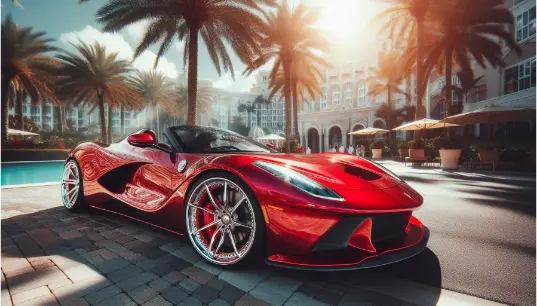 Red-Sports-Car-With-Huge-Building-Background